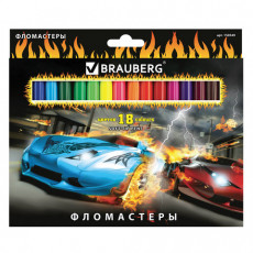 Фломастеры BRAUBERG InstaRacing, 18 цветов, вентилируемый колпачок, карт. упаковка, выборочный лак, увел. срок службы, 150549