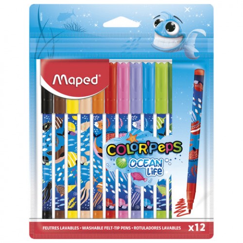 Фломастеры MAPED COLOR'PEPS Ocean Life, 12 цветов, смываемые, вентилируемый колпачок, 845701