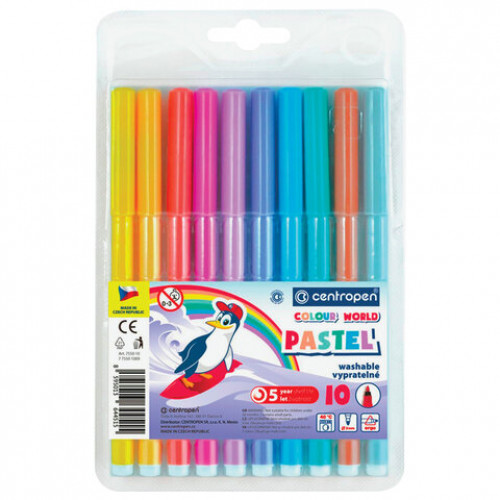 Фломастеры ПАСТЕЛЬНЫЕ 10 ЦВЕТОВ CENTROPEN Colour World Pastel, смываемые, 7550/10TP, 7 7550 1087