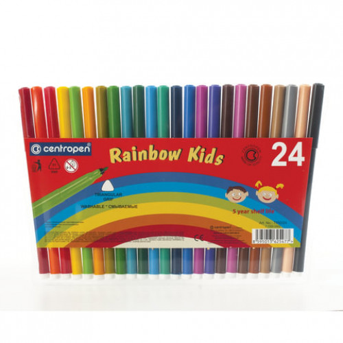 Фломастеры 24 ЦВЕТА CENTROPEN Rainbow Kids, круглые, смываемые, вентилируемый колпачок, 7550/24ET, 7 7550 2402