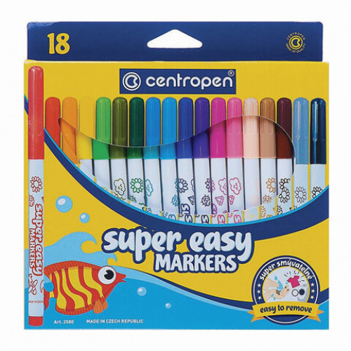 Фломастеры 18 ЦВЕТОВ CENTROPEN Super Easy, смываемые, вентилируемый колпачок, 2580/18KK, 7 2580 1885