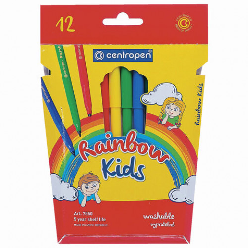 Фломастеры 12 ЦВЕТОВ CENTROPEN Rainbow Kids, трехгранные, смываемые, картонная упаковка, 7550/12KK, 7 7550 1203