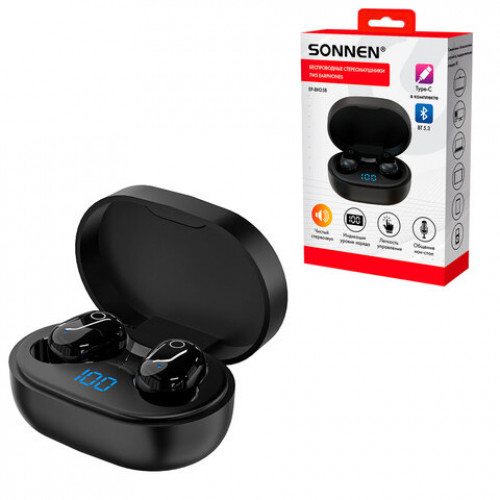 Наушники беспроводные TWS внутриканальные с микрофоном, SONNEN EP-BH25B, Bluetooth 5.3, черные, 514125