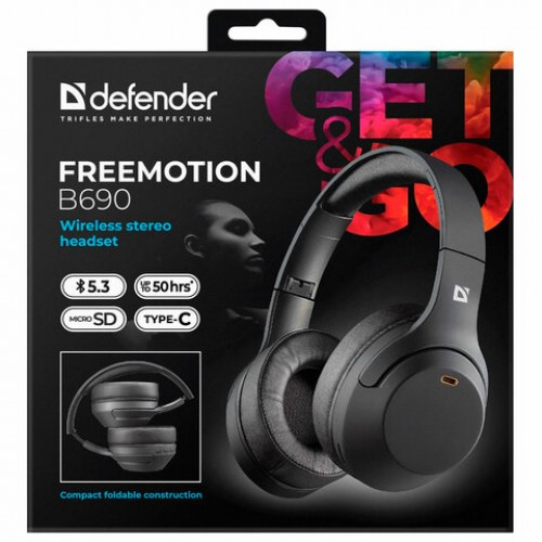 Наушники с микрофоном (гарнитура) DEFENDER FreeMotion B690, Bluetooth, беспроводные, черные, с, 63690