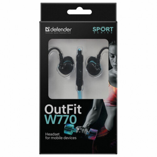 Наушники с микрофоном (гарнитура) вкладыши DEFENDER OutFit W770, проводные,1,5 м, черные с голубым, 63771