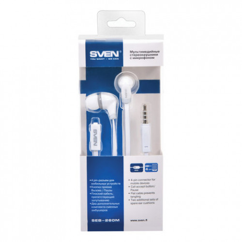 Наушники с микрофоном (гарнитура) вкладыши SVEN SEB-260M, провод 1,2 м, белые, SV-012670