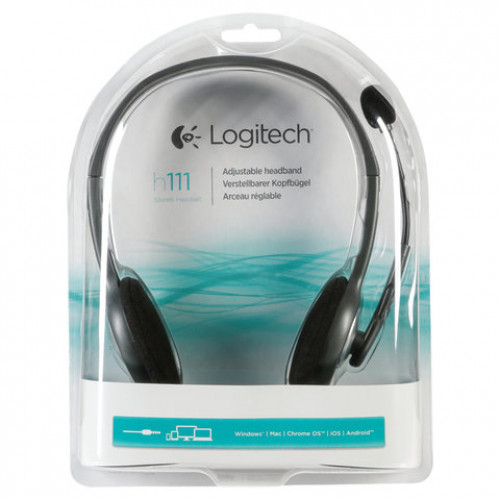 Наушники с микрофоном (гарнитура) LOGITECH H111, проводные, 1,8 м, с оголовьем, серебристые, 981-000593