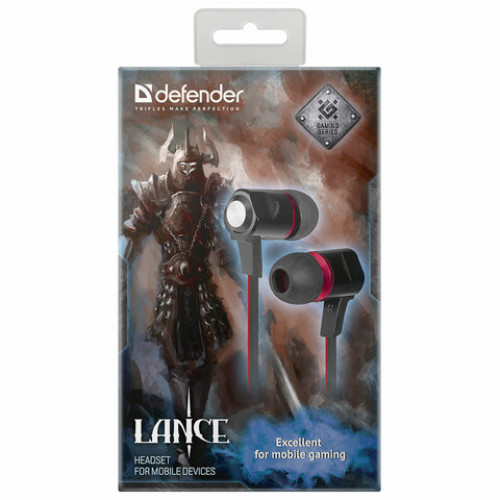 Наушники с микрофоном (гарнитура) вкладыши DEFENDER Lance, проводные, 1,2 м, вкладыши, черные с красным, 64450