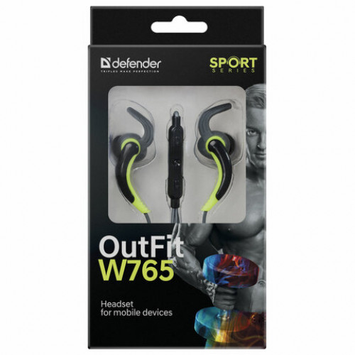 Наушники с микрофоном (гарнитура) вкладыши DEFENDER OutFit W765, проводные, 1,5 м, серые с желтым, 63765