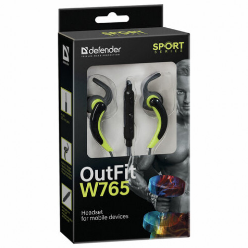 Наушники с микрофоном (гарнитура) вкладыши DEFENDER OutFit W765, проводные, 1,5 м, серые с желтым, 63765