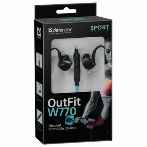 Наушники с микрофоном (гарнитура) вкладыши DEFENDER OutFit W770, проводные,1,5 м, черные с голубым, 63771