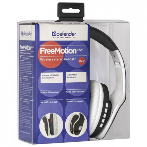 Наушники с микрофоном (гарнитура) DEFENDER FREEMOTION B525, Bluetooth, беспроводные, черные с белым, 63525