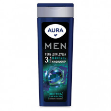 Гель для душа 3в1 шампунь+кондиционер 380 мл AURA MEN Экстра Свежесть, 13919