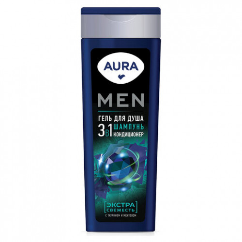 Гель для душа 3в1 шампунь+кондиционер 380 мл AURA MEN Экстра Свежесть, 13919