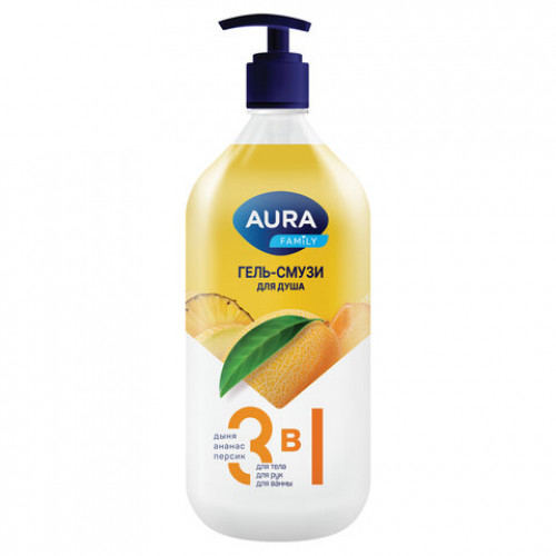 Гель-смузи для душа 3в1 для тела, рук и ванны 1л AURA FAMILY Дыня, ананас, персик, дозатор, 14950