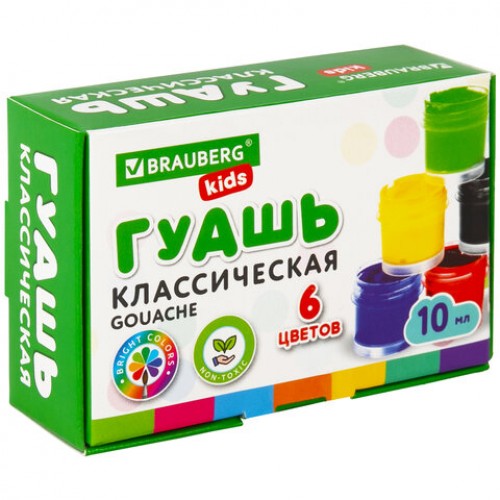 Гуашь BRAUBERG KIDS NEW, 6 цветов по 10 мл, 192374