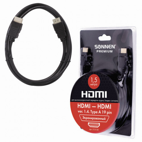 Кабель HDMI AM-AM, 1,5 м, SONNEN Premium, медь, для передачи аудио-видео, экранированный, 513130