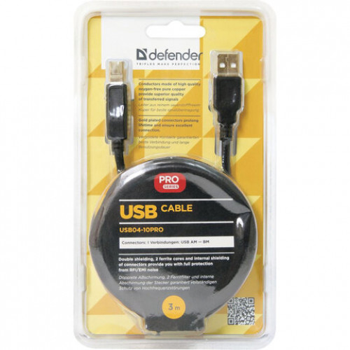 Кабель USB 2.0 AM-BM, 3 м, DEFENDER, 2 фильтра, для подключения принтеров, МФУ и периферии, 87431