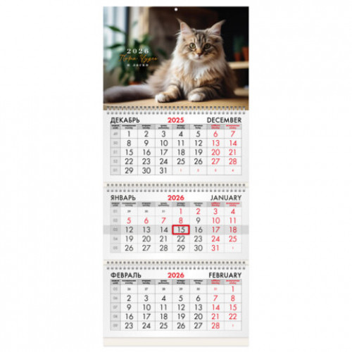Календарь квартальный на 2026 г., 3 блока, 3 гребня, бегунок, офсет, BRAUBERG, Кот, 116780