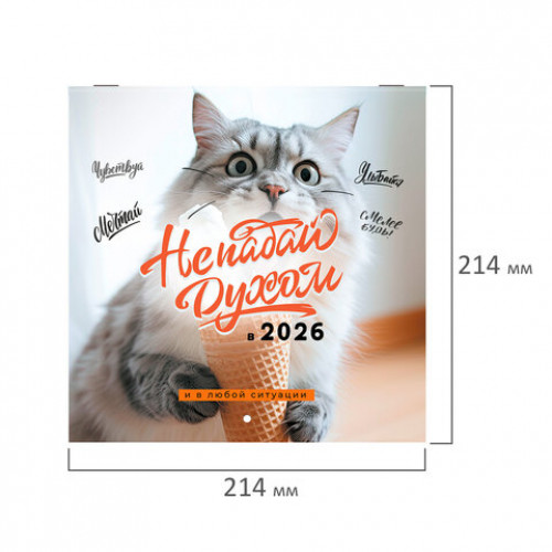 Календарь настенный перекидной 2026 г., BRAUBERG, 12 листов, 21,4х21,4 см, МИНИ, Не падай духом, 116942
