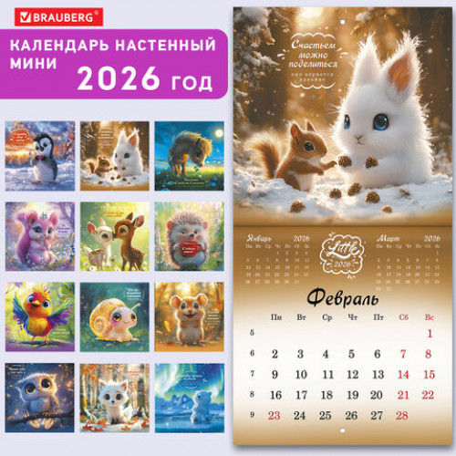 Календарь настенный перекидной 2026 г., BRAUBERG, 12 листов, 21,4х21,4 см, МИНИ, Magic animals, 116943