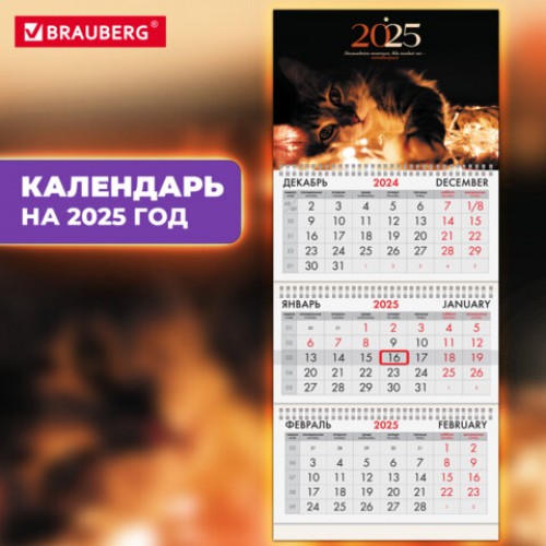 Календарь квартальный на 2025 г., 3 блока, 3 гребня, с бегунком, офсет, BRAUBERG, Милый котик, 116099