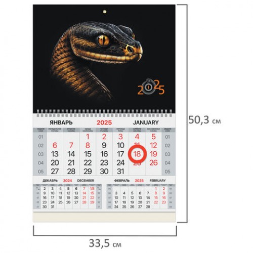 Календарь квартальный на 2025 г., 1 блок, 1 гребень, магнитный курсор, мелованная бумага, BRAUBERG, Змея, 116083