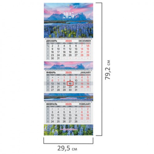 Календарь квартальный на 2025 г., 3 блока, 3 гребня, с бегунком, мелованная бумага, EXTRA, BRAUBERG, Люпины, 116145