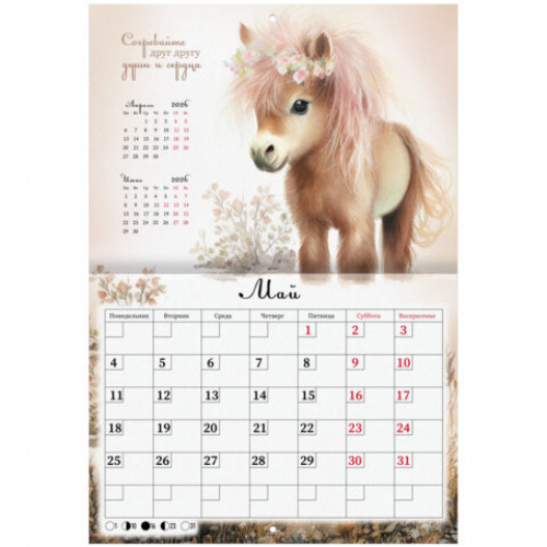 Календарь-планер настенный перекидной на 2026г, 12 листов, 30х21,3см, My sweet pony, BRAUBERG, 116948