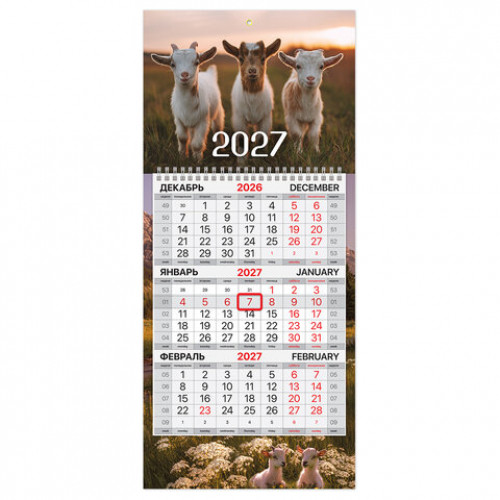 Календарь квартальный 2027 г., 1 блок, 1 гребень, бегунок, МИНИ, офсет, BRAUBERG, Символ года, 118356