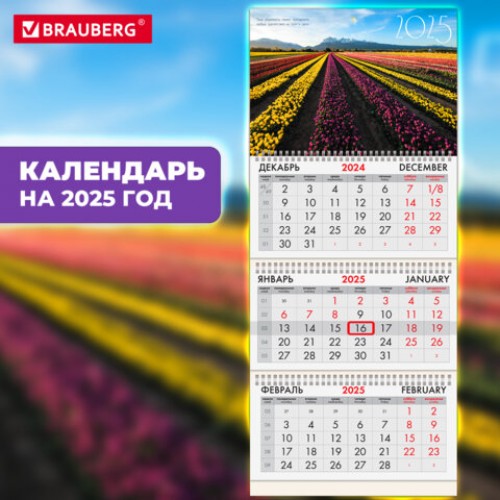Календарь квартальный на 2025 г., 3 блока, 3 гребня, с бегунком, офсет, BRAUBERG, Долина цветов, 116098