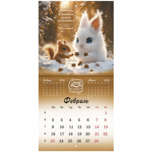 Календарь настенный перекидной 2026 г., BRAUBERG, 12 листов, 21,4х21,4 см, МИНИ, Magic animals, 116943