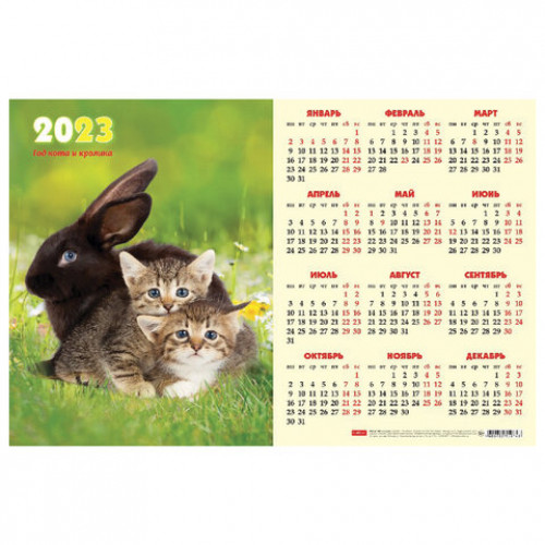 Календарь настенный листовой 2023 г., формат А3 (44х29 см), Год Кота и Кролика, HATBER, Кл3_27113