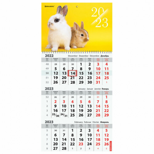 Календарь квартальный на 2023 г., 3 блока, 1 гребень, с бегунком, мелованная бумага, BUNNIES, BRAUBERG, 114267