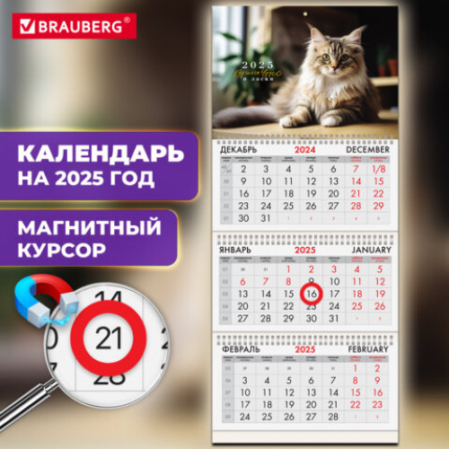 Календарь квартальный на 2025 г., 3 блока, 3 гребня, магнитный курсор, мелованная бумага, BRAUBERG, Котик, 116157