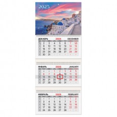 Календарь квартальный на 2025 г., 3 блока, 3 гребня, с бегунком, мелованная бумага, BRAUBERG, Санторини, 116140