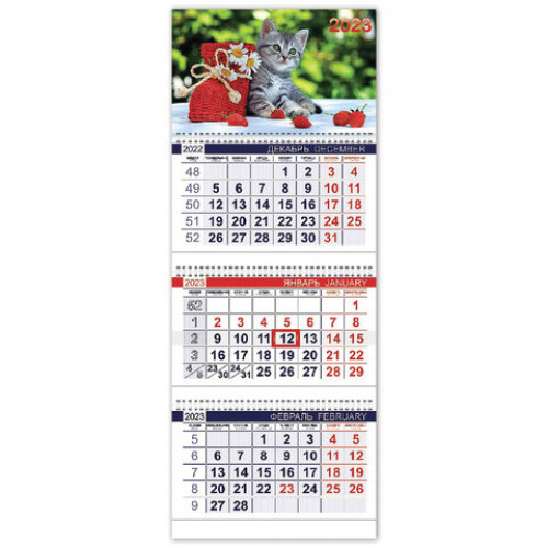 Календарь квартальный с бегунком 2023 г., 3 блока, 3 гребня, ОФИС, Котенок, HATBER, 3Кв3гр3_11865