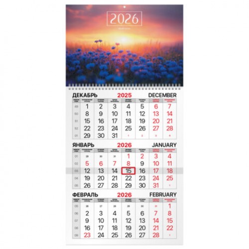 Календарь квартальный на 2026 г., 1 блок, 1 гребень, бегунок, мелованная бумага, BRAUBERG, Васильковый луг, 116751