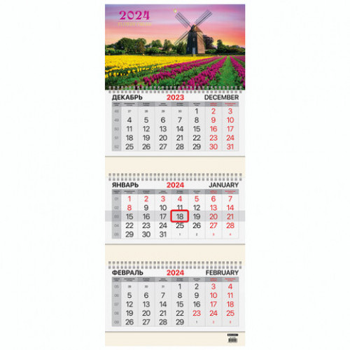 Календарь квартальный на 2024г, 3 блока 3 гребня с бегунком, мел.бум, Tulips, BRAUBERG, 115295