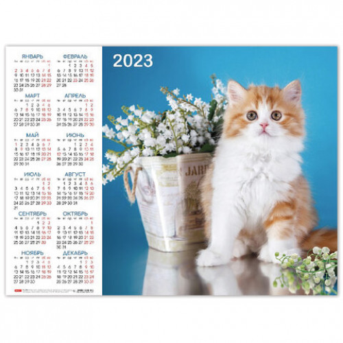 Календарь настенный листовой 2023 г., формат А2 (60х45 см), Пушистое счастье, HATBER, Кл2_18008