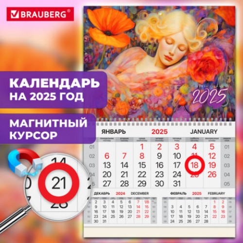 Календарь квартальный на 2025 г., 1 блок, 1 гребень, магнитный курсор, мелованная бумага, BRAUBERG, Блаженство, 116077