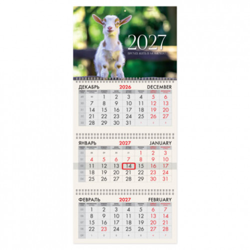 Календарь квартальный 2027г, 3 блока 3 гребня, бегунок, офсет, BRAUBERG, Козленок, 118252