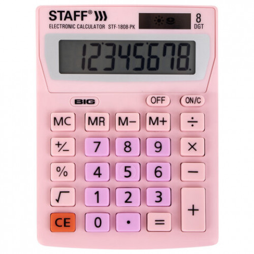 Калькулятор настольный STAFF STF-1808-PK, КОМПАКТНЫЙ (140х105 мм), 8 разрядов, двойное питание, РОЗОВЫЙ, 250468