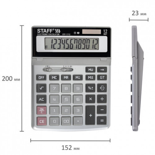 Калькулятор настольный металлический STAFF STF-1712 (200х152 мм), 12 разрядов, двойное питание, 250121