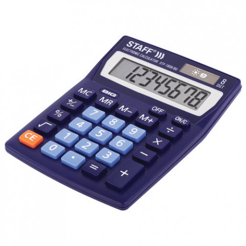 Калькулятор настольный STAFF STF-1808-BU, КОМПАКТНЫЙ (140х105 мм), 8 разрядов, двойное питание, СИНИЙ, 250466