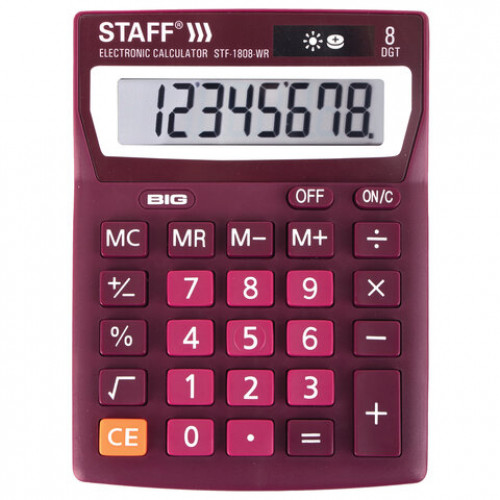 Калькулятор настольный STAFF STF-1808-WR, КОМПАКТНЫЙ (140х105 мм), 8 разрядов, двойное питание, БОРДОВЫЙ, 250467