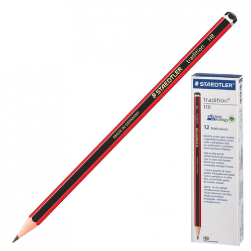 Карандаш чернографитный STAEDTLER (Германия), 1 шт., Tradition, HB, без резинки, корпус черно-красный, заточенный, 110-HB