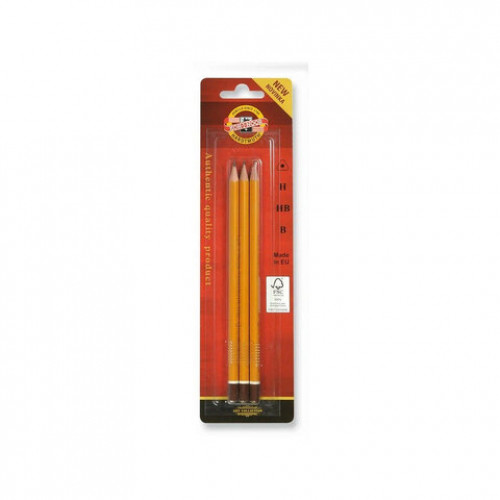 Карандаши чернографитные KOH-I-NOOR 1580, НАБОР 3шт., B-H, без резинки, заточенные, блистер, 1580003001BLRU