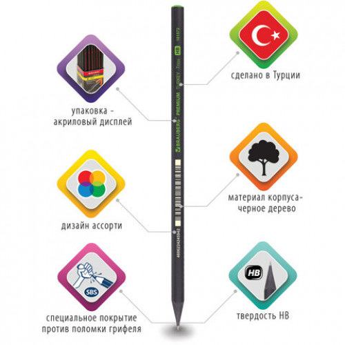 Карандаш чернографитный BRAUBERG PREMIUM TURKEY, 1 шт., Trios, НВ, ассорти, дисплей, 181572