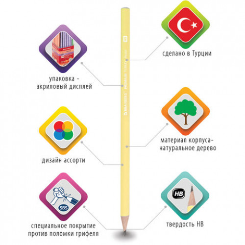 Карандаш чернографитный BRAUBERG PREMIUM TURKEY, 1 шт., Pastel, НВ, ассорти, дисплей